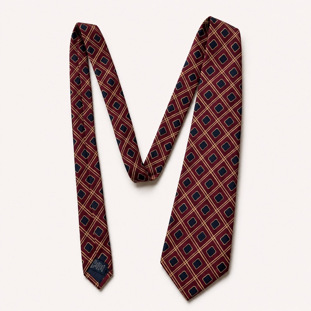 Vintage Kenneth Gordon Burgundy Geometric 100% Silk Tie Hand Printed Italy USA